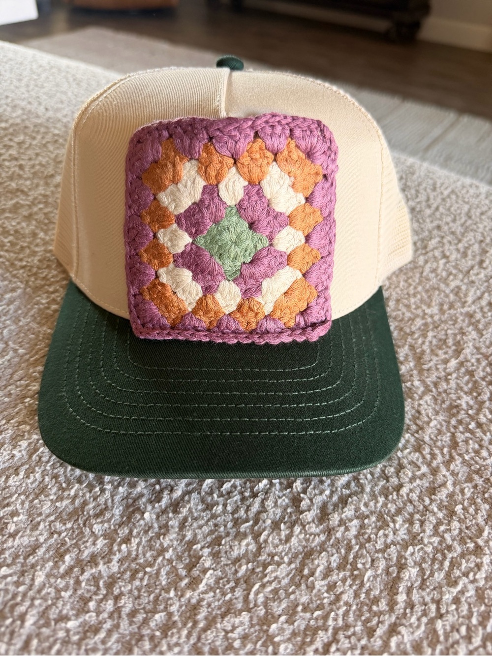 Cream and Green Kids Crochet Patch Trucker Hat